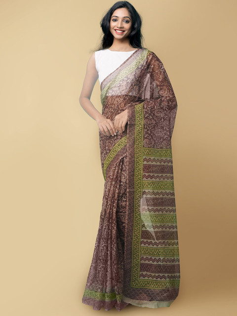 

Unnati Silks Women Brown & Green Pure Hand Block Printed Kota Cotton Sustainable Saree