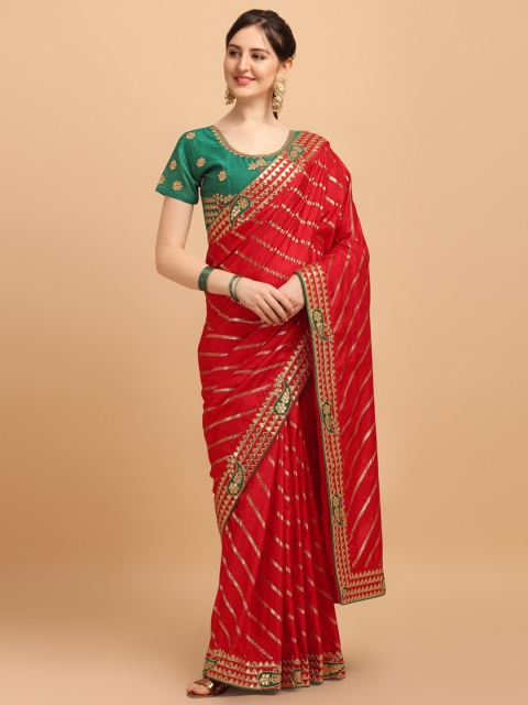 

Amrutam Fab Red & Green Leheriya Embroidered Gotta Patti Silk Cotton Leheriya Saree