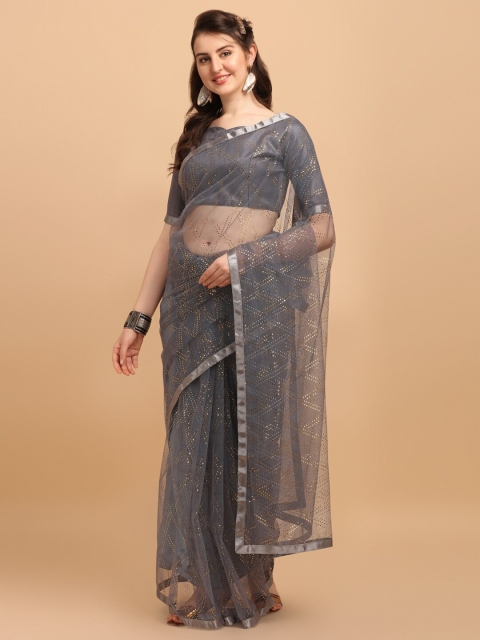 

Amrutam Fab Grey Embellished Sequinned Celebrity Net Saree
