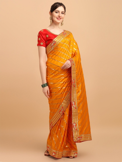 

Amrutam Fab Yellow & Red Leheriya Gotta Patti Silk Cotton Leheriya Saree