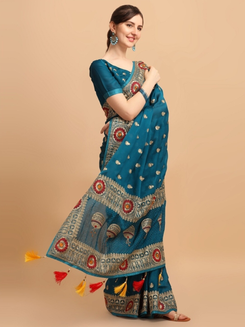 

Amrutam Fab Blue & Red Ethnic Motifs Embroidered Beads & Stones Pure Silk Saree