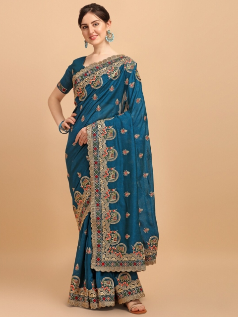 

Amrutam Fab Blue & Beige Ethnic Motifs Embroidered Silk Cotton Saree