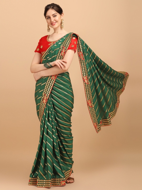 

Amrutam Fab Green & Gold-Toned Leheriya Embroidered Gotta Patti Silk Cotton Leheriya Saree