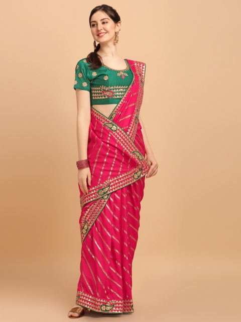 

Amrutam Fab Pink & Gold-Toned Leheriya Embroidered Gotta Patti Silk Cotton Leheriya Saree