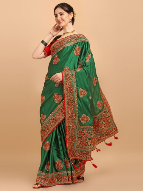 

Amrutam Fab Green & Red Ethnic Motifs Embroidered Pure Silk Saree