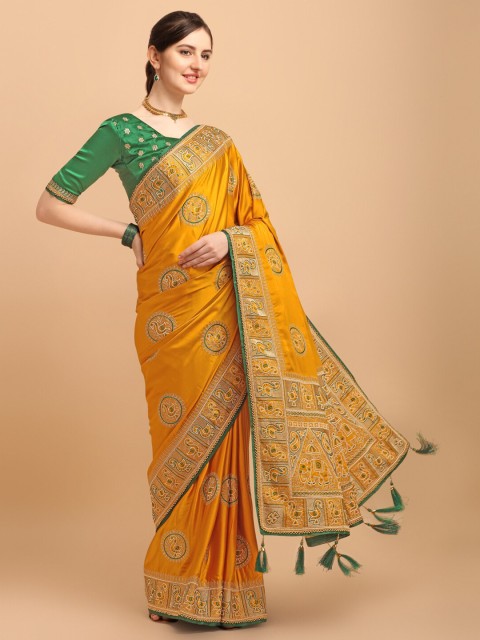 

Amrutam Fab Yellow & Gold-Toned Ethnic Motifs Embroidered Pure Silk Saree