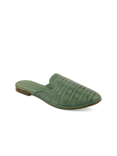 

DESI COLOUR Women Green Embellished Ethnic Mules With Embroidered