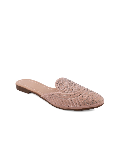 

DESI COLOUR Women Peach-Coloured Embellished Leather Ethnic Mules Flats