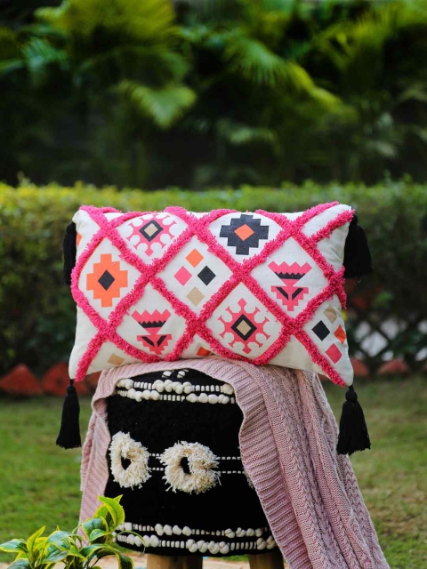 

Amoliconcepts Multicoloured Printed Tufting Cotton Rectangle Cushion Covers With Tassels, Multi