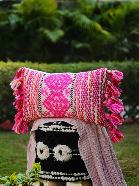 

Amoliconcepts Multicoloured Ethnic Motifs Hand Woven Cotton Rectangle Cushion Covers, Multi