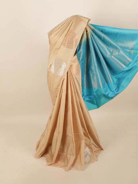 

Pothys Cream-Coloured & Blue Woven Design Zari Pure Silk Saree