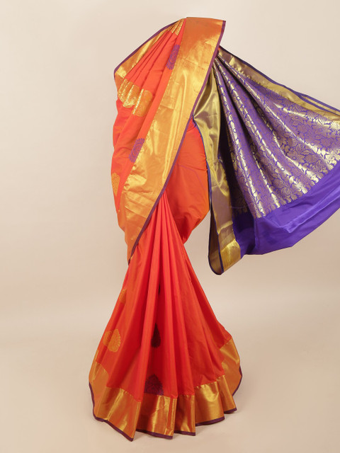 

Pothys Orange & Blue Ethnic Motifs Zari Pure Silk Saree