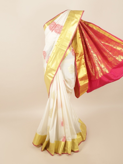 

Pothys Off White & Pink Ethnic Motifs Zari Pure Silk Saree