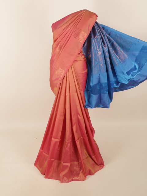 

Pothys Peach-Coloured & Blue Ethnic Motifs Zari Pure Silk Saree