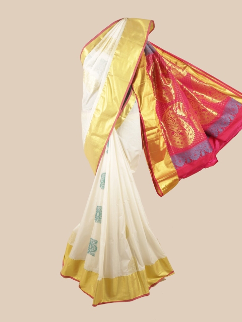 

Pothys Off White & Magenta Ethnic Motifs Zari Pure Silk Saree