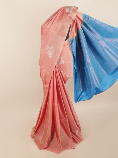 

Pothys Peach-Coloured & Blue Ethnic Motifs Zari Pure Silk Saree