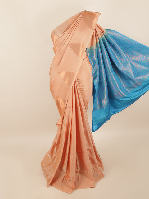

Pothys Peach-Coloured & Blue Ethnic Motifs Zari Pure Silk Saree