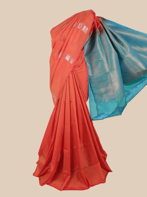 

Pothys Rust & Turquoise Blue Ethnic Motifs Zari Pure Silk Saree