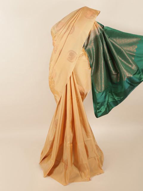 

Pothys Cream-Coloured & Green Ethnic Motifs Zari Pure Silk Saree