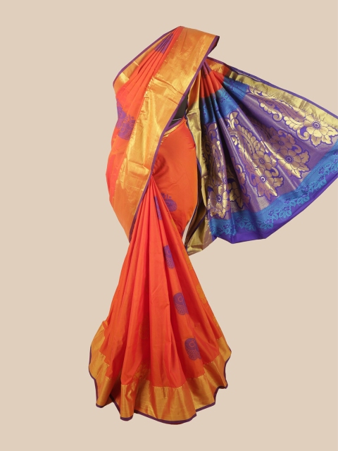 

Pothys Orange & Violet Ethnic Motifs Zari Pure Silk Saree