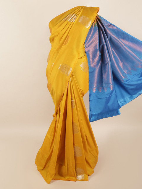 

Pothys Yellow & Blue Ethnic Motifs Zari Pure Silk Saree