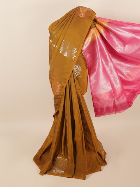

Pothys Mustard Brown & Pink Ethnic Motifs Zari Pure Silk Saree