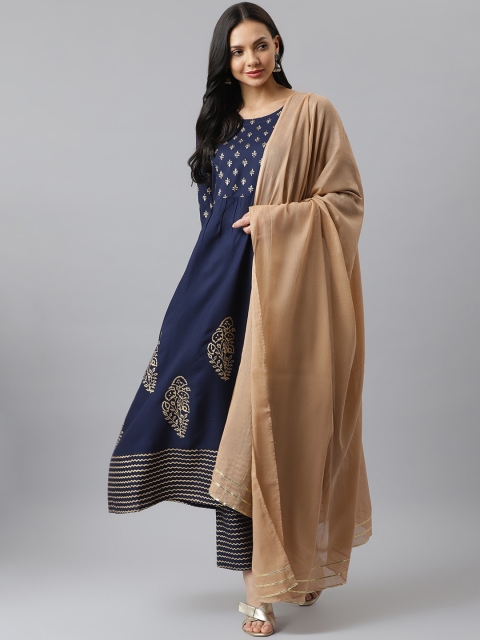 

Stylum Women Navy Blue & Beige Ethnic Motifs Printed Pleated Kurta with Trousers & Dupatta