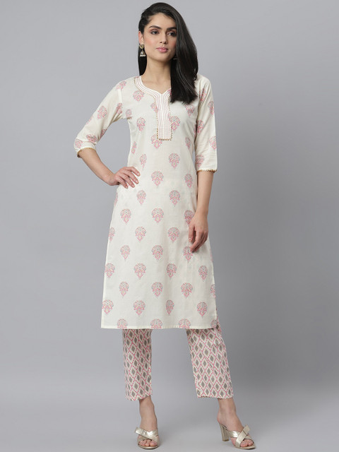 

Stylum Women Off White & Pink Ethnic Motifs Printed Pure Cotton Kurta with Trousers