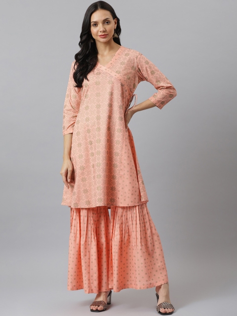 

Stylum Women Peach-Coloured & Gold-Coloured Printed Angrakha Kurta with Sharara