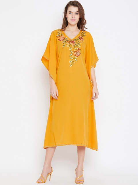 

Bitterlime Yellow Floral Embroidered Crepe Kaftan Midi Dress
