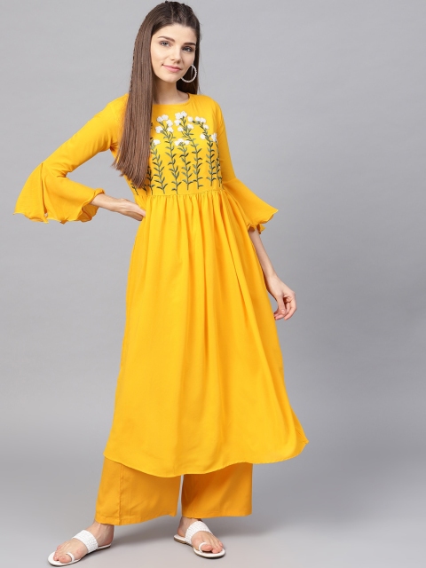 

Bitterlime Women Yellow Floral Embroidered Pleated Kurta with Palazzos