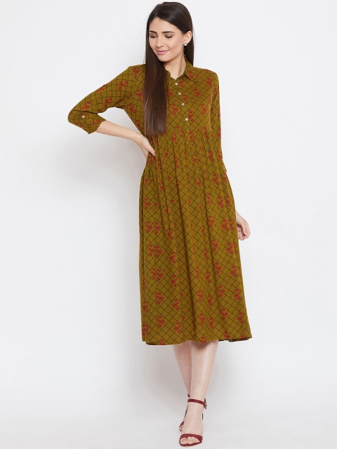 

Bitterlime Green Checked A-Line Dress