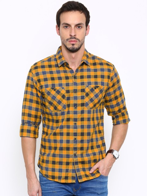 

UCLA Men Mustard Yellow & Blue Checked Regular Fit Casual Shirt