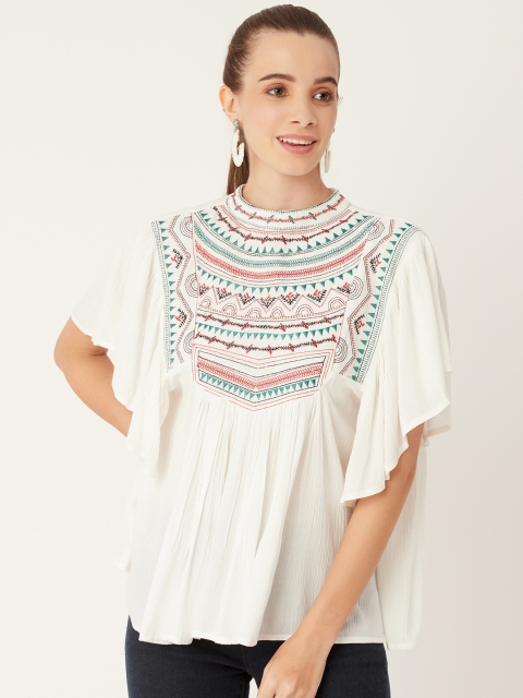 

urSense White & Multicoloured Embroidered Flutter Sleeves Regular Top