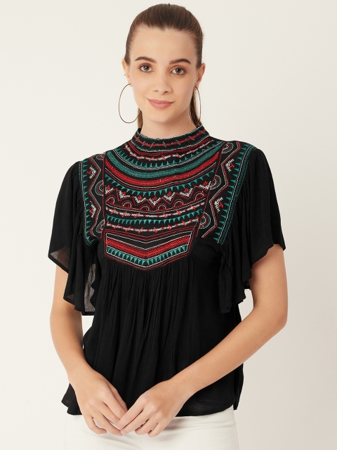 

urSense Black & Multicoloured Embroidered Ruffles Regular Top