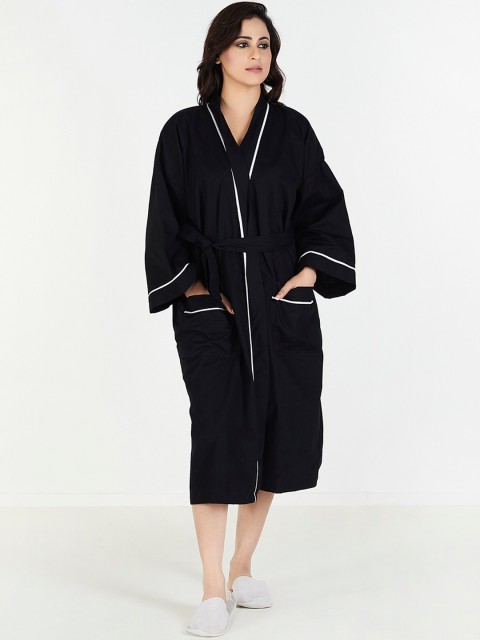 

Trident Women Black & White Solid Satin Bath Robe