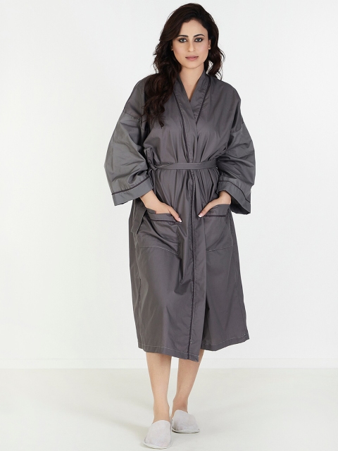 

Trident Women Grey Solid Satin Bath Robe