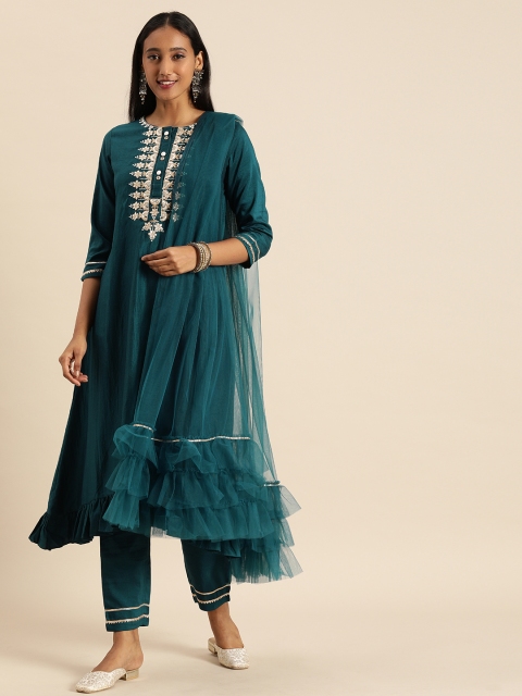 

Tikhi Imli Women Teal Ethnic Motifs Empire Zardozi Kurta Set with Ruffle Dupatta