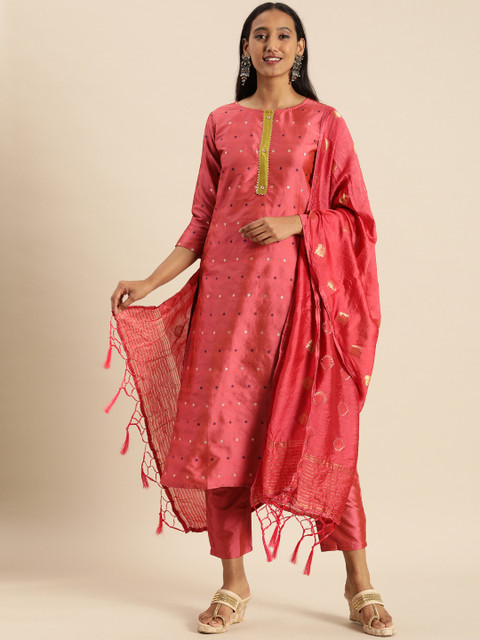

Tikhi Imli Women Coral Red Regular Kurta with Trousers & With Dupatta