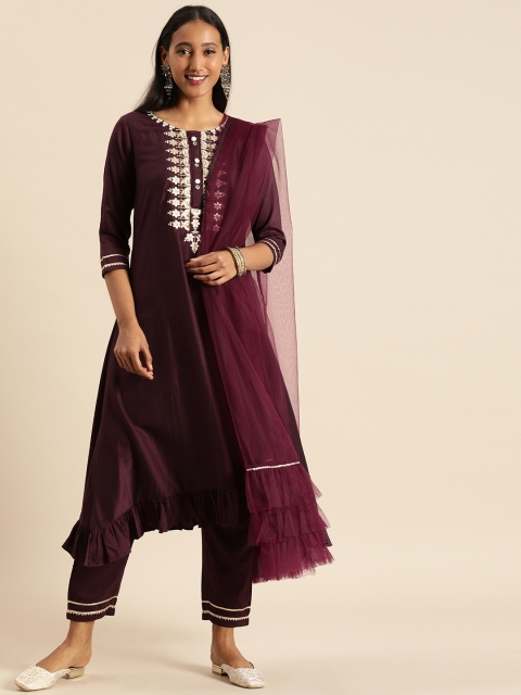 

Tikhi Imli Women Burgundy Ethnic Motifs Empire Zardozi Kurta Set With Ruffle Dupatta