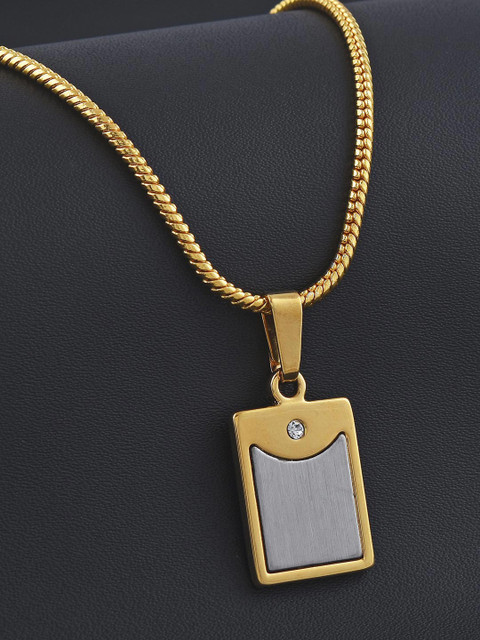 

Tistabene Men Gold-Plated Rectangular Geometric Pendant With Chain