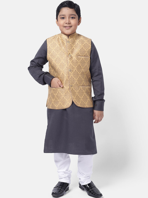 

NAMASKAR Boys Grey Regular Pure Cotton Kurta with Churidar