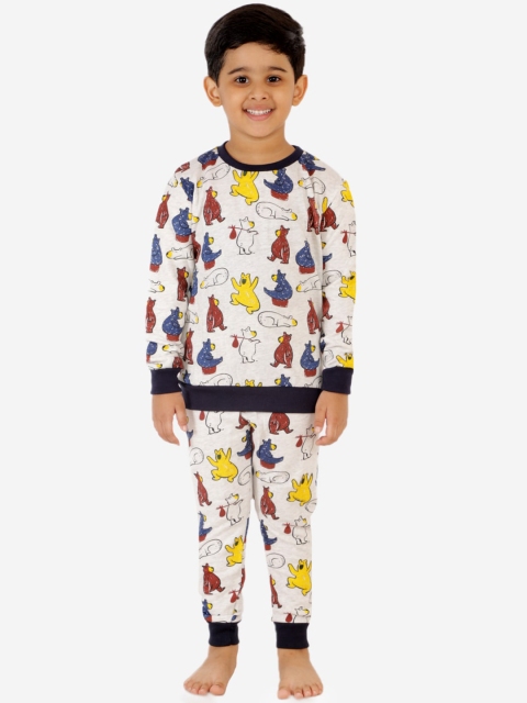 

Lazy Shark Boys Off White & Yellow Printed Night suit