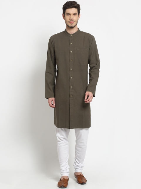 

Ekmatra Men Olive Green & White Khadi Handloom Kurta