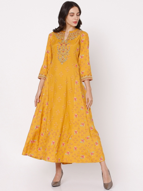 

Ojas Designs Women Mustard Yellow & Pink Printed Mandarin Collar Silk Maxi Dress