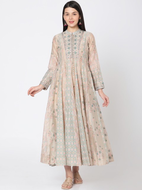 

Ojas Designs Women Beige & Green Ethnic Motifs Printed Mandarin Collar Silk Maxi Dress
