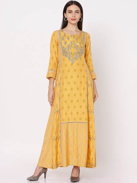 

Ojas Designs Women Mustard Yellow & White Ethnic Motifs Printed Silk Maxi Dress