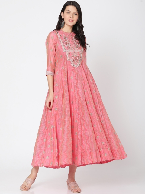 

Ojas Designs Women Pink & Silver-Toned Ethnic Motifs Printed Silk Maxi Dress