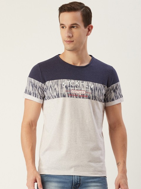 

CONFIDENCE Men Navy Blue & Grey Melange Typography Printed Round Neck T-shirt