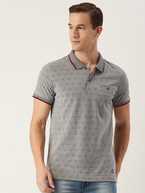 

CONFIDENCE Men Grey & White Printed Polo Collar Cotton T-shirt